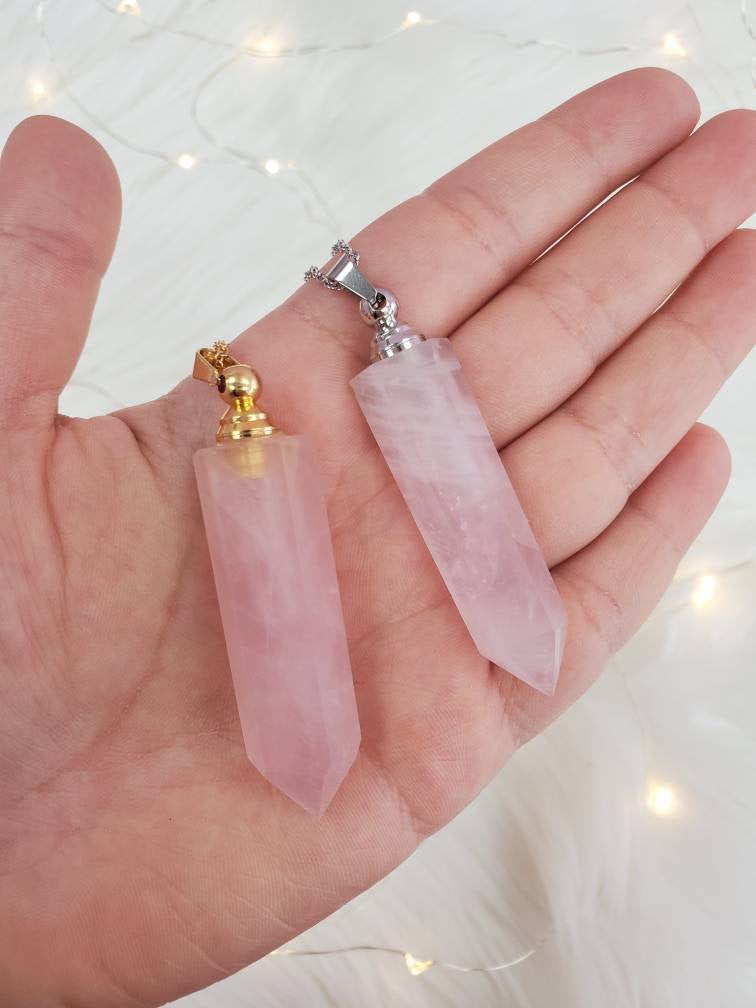 Rose Quartz Long Essential Oil Bottle Necklace; Perfume Bottle